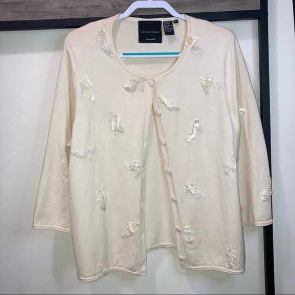 Michael Simon Sweaters - Michael Simon Shoe Heel Theme Beaded Embellished Silk Spun Cardigan